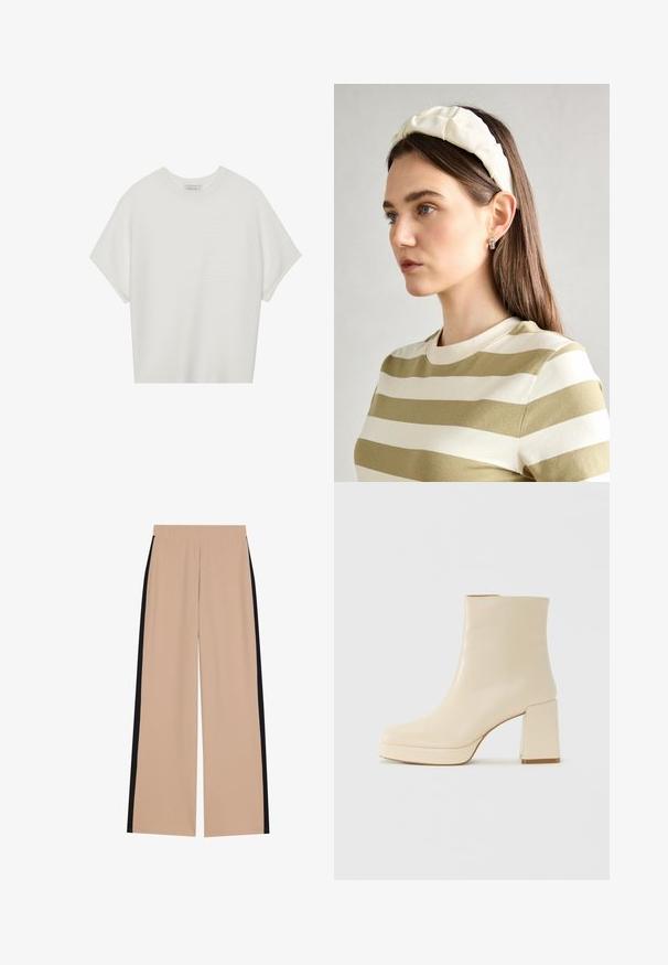 Camiseta branca de mangas curtas com um decote careca largo e um padrão texturizado canelado, feita de tecido suave, com um corte relaxado e um design limpo.; Calças largas bege com uma textura suave, apresentando riscas laterais pretas. A cintura é elástica para conforto e fácil colocação.; Bota ankle de couro bege com salto bloco e sola plataforma, acabamento suave e bico ligeiramente quadrado, virada para a esquerda em fundo branco.; Fita de cabelo almofadada em creme com design torcido, acompanhada de uma camisa às riscas bege e branca com escote redondo. Acentos discretos em joias.