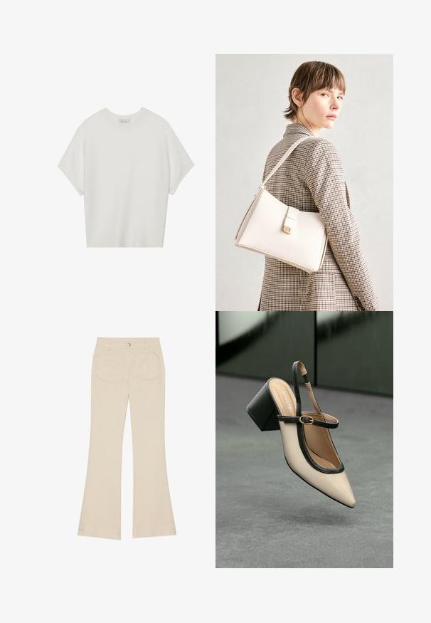 Camiseta branca de mangas curtas com um decote careca largo e um padrão texturizado canelado, feita de tecido suave, com um corte relaxado e um design limpo.; Calças bege boca de sino com uma cintura alta, feitas de tecido de algodão. Apresentam bolsos frontais e traseiros, passantes para cinto e um único botão prateado.; Sandal de biqueira pontuda em bege com acabamento preto, fivela dourada e um salto bloco sólido, em um chão cinza com fundo verde escuro.; Bolsa de mão em couro branco com um design estruturado, apresentando um fecho magnético e uma alça de ombro, exibida sobre um fundo neutro.