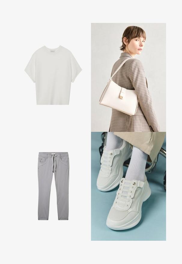 T-shirt blanc à manches courtes avec un large col rond et un motif côtelé texturé, fabriqué en tissu doux, présentant une coupe décontractée et un design épuré.; Pantalon gris en matière douce, avec taille à cordon, quatre poches et coupe slim avec de discrets détails de couture.; Baskets blanches avec un matériau en maille, semelle en caoutchouc, design sans lacets avec des bandes élastiques et accents dorés.; Sac à main en cuir blanc au design structuré, doté d'un fermoir magnétique et d'une bandoulière, présenté sur un fond neutre.