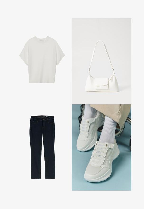T-shirt bianca a maniche corte con scollo rotondo ampio e texture a coste, realizzata in tessuto morbido, caratterizzata da una vestibilità rilassata e un design pulito.; Jeans dritti di colore blu scuro realizzati in denim. Presentano cinque tasche, cuciture arancioni in contrasto e un'etichetta in vita con il nome del marchio.; Sneaker bianchi realizzati in materiale a rete, suola in gomma, design senza lacci con bande elastiche e dettagli in tonalità oro.; Borsa sintetica bianca a forma triangolare, con patta anteriore piatta e dettaglio a fiocco, tracolla regolabile, texture liscia e design minimalista.