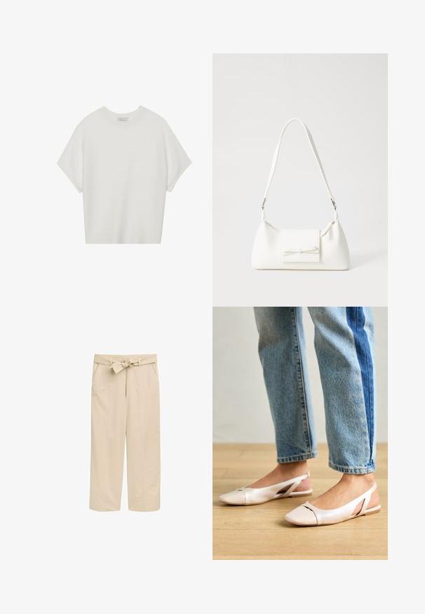 Valkoinen lyhythihainen t-paita, jossa on leveä pyöreä kaula-aukko ja teksturoitu ribbikuvio, valmistettu pehmeästä kankaasta, rento malli ja siisti muotoilu.; Beige leveillä lahkeilla housuilla, joissa on teksturoitu vyö, kaksi sivutaskua ja siisti helma. Valmistettu kevyestä kankaasta mukavuutta varten.; Vaaleanpunaiset slingback-ballerinat, joissa on terävä kärki, valmistettu sileästä nahkamaisesta materiaalista. Sivujen leikkuuyksityiskohdat ja tasapohja.; Valkoinen synteettinen käsilaukku, jossa on kolmikulmainen muoto, tasainen etu läppä ja nauhadetail, säädettävä olkahihna, sileä rakenne ja minimalinen muotoilu.