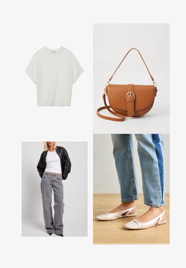 Balta trumpa rankovėmis marškinėliai su plačiu apykakle ir tekstūruotu gumbelių raštu, pagaminti iš minkštos medžiagos, pasižymintys laisvu siluetu ir tvarkingu dizainu.; Juodas odinis bomber stiliaus švarkas, baltas raštuotas marškinėlis, ir pilkos džinsinės kelnės su aukštu liemeniu, laisvu kirpimu, subtiliomis siūlėmis ir akcentinėmis kišenėmis.; Šviesiai rožiniai slingback baleto bateliai su smailiu pirštu, pagaminti iš lygios odai panašios medžiagos. Yra išpjovimų detalės šonuose ir plokščias kulnas.; Ruda odinė kryžminė rankinė, turinti kreivą formą, auksinius metalinius elementus ir sagtį. Yra nuimama petneša.