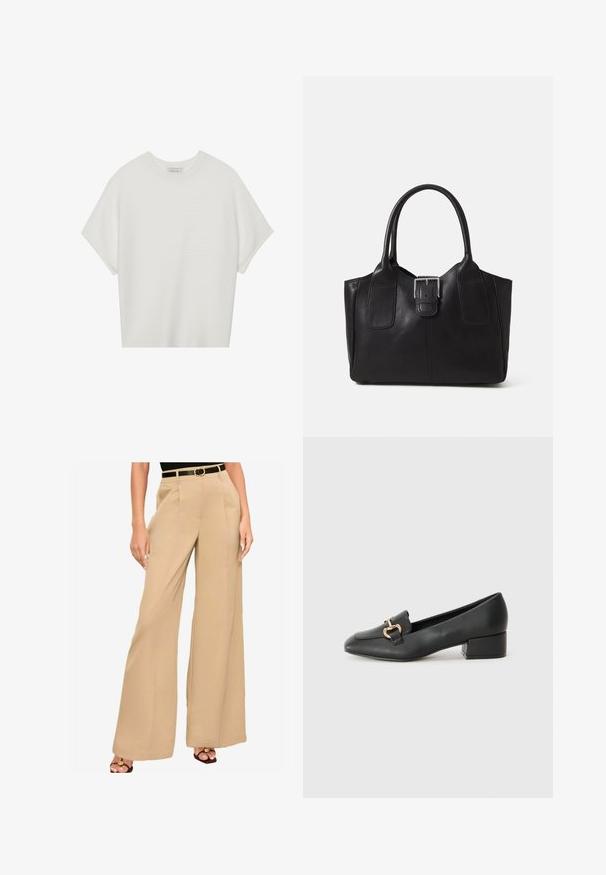 Balta īsā piedurknē T-krekls ar plašu apļa kaklu un teksturētu ribu rakstu, izgatavots no mīksta auduma, ar brīvu piegriezumu un tīru dizainu.; Bēgi plaša kāju bikses, izgatavotas no gludas auduma, ar priekšējiem krokām un melnu jostu ar zelta krāsas sprādzi.; Melnas ādas loafers ar plakanu papēdi, kurām priekšā ir dekoratīvs zelta aparatūras elements un gluda tekstūra.; Melnas ādas somiņa ar gludu tekstūru, strukturētu formu, divām rokturām un izteiktu sudraba sprādzi priekšpusē.