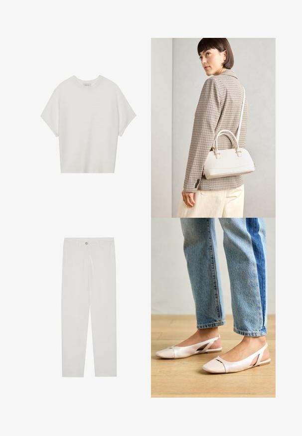 Bijela majica kratkih rukava s širokim okruglim izrezom i teksturiranim rebrastim uzorkom, izrađena od mekog materijala, s opuštenim krojem i čistim dizajnom.; Bijele, krojene hlače ravnog kroja, s kopčanjem na dugme, petljama za remen i bočnim džepovima; glatka tekstura tkanine.; Svijetlo ružičaste slingback balerinke s šiljastim vrhom, izrađene od glatkog materijala nalik koži. Sadrže izrezane detalje sa strane i ravnu petu.; Bijela strukturna torba s kratkim ručkama i remenom za rame, s zlatnim metalnim detaljima i teksturiranim materijalom, prikazana na sivoj pozadini.