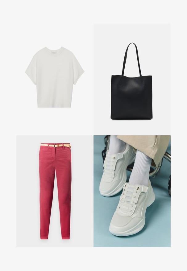 Valkoinen lyhythihainen t-paita, jossa on leveä pyöreä kaula-aukko ja teksturoitu ribbikuvio, valmistettu pehmeästä kankaasta, rento malli ja siisti muotoilu.; Punaiset puuvillahousut, joissa on slim fit -mitta, sekä kudottu beige vyö ja etutaskut, sileä pinta ja suora lahje.; Valkoiset lenkkarit, joissa on verkkokangas, kumipohja, nauhattomuus elastisilla nauhoilla ja kultatäyteiset yksityiskohdat.; Mustapahkainen kangaskassi, jossa on sileä pinta, suorakaiteen muotoinen ja kaksi pitkää kahvaa. Ei näkyvää metalliosaa tai koristeita.