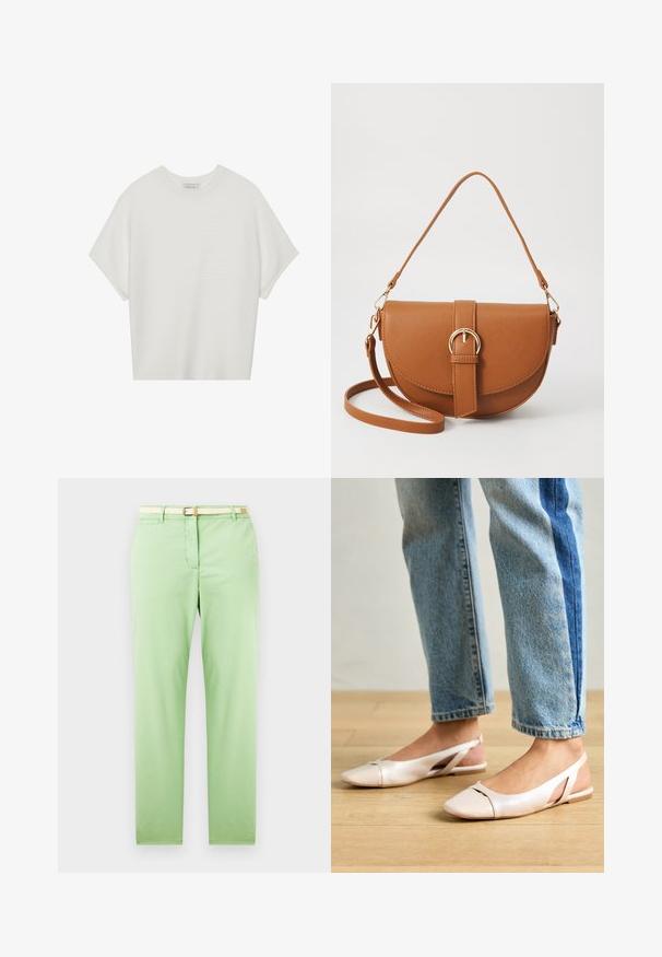 Balta trumpa rankovėmis marškinėliai su plačiu apykakle ir tekstūruotu gumbelių raštu, pagaminti iš minkštos medžiagos, pasižymintys laisvu siluetu ir tvarkingu dizainu.; Šviesiai žali medvilniniai kelneniai su tiesiu siluetu, su įaustu šviesiai smėlio spalvos diržu, priekinėmis kišenėmis ir be matomų raštų ar puošmenų.; Šviesiai rožiniai slingback baleto bateliai su smailiu pirštu, pagaminti iš lygios odai panašios medžiagos. Yra išpjovimų detalės šonuose ir plokščias kulnas.; Ruda odinė kryžminė rankinė, turinti kreivą formą, auksinius metalinius elementus ir sagtį. Yra nuimama petneša.