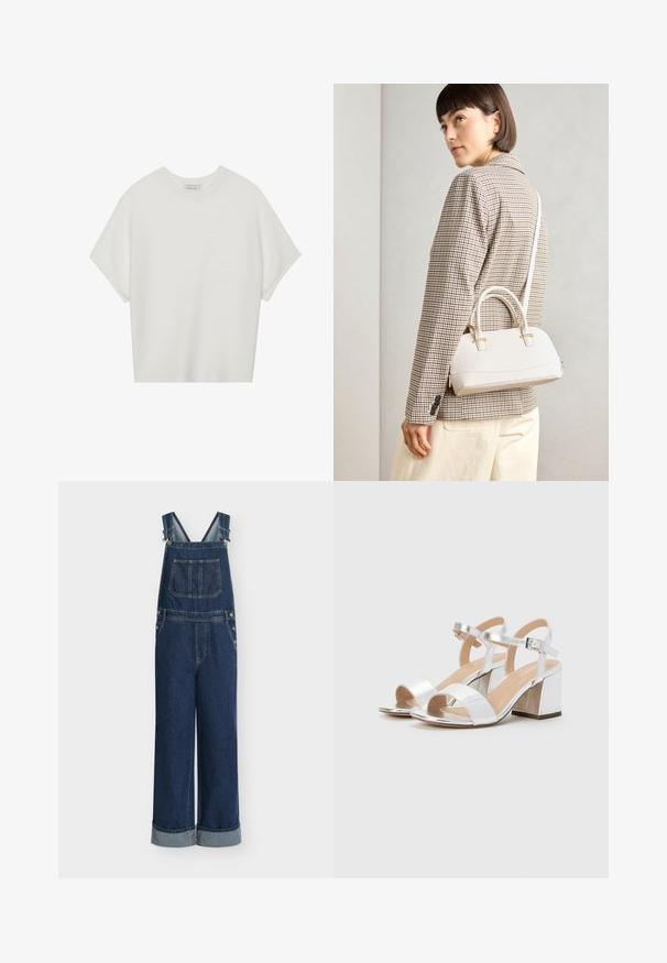 White short-sleeve t-shirt with a wide crew neck and textured ribbed pattern, made of soft fabric, featuring a relaxed fit and a clean design.; Denim overalls with wide legs, dark blue color, adjustable straps, front pocket, and silver hardware details. Cuffed hems at the bottom.; Silver high-heeled sandals with open toes, featuring two wide straps and a rounded block heel. Smooth texture with metallic finish.; White structured handbag with short handles and a shoulder strap, featuring gold hardware accents and textured material, displayed against a grey background.