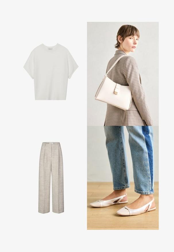 Camiseta branca de mangas curtas com um decote careca largo e um padrão texturizado canelado, feita de tecido suave, com um corte relaxado e um design limpo.; Calças de cintura alta cinza claro com um tecido texturizado, pernas largas e duas pregas na frente. Apresenta um fecho com botão na parte da frente e passantes para cinto.; Sapatilhas slingback de cor rosa pálido com bico fino, feitas de um material semelhante a couro liso. Apresentam detalhes recortados nas laterais e um salto plano.; Bolsa de mão em couro branco com um design estruturado, apresentando um fecho magnético e uma alça de ombro, exibida sobre um fundo neutro.