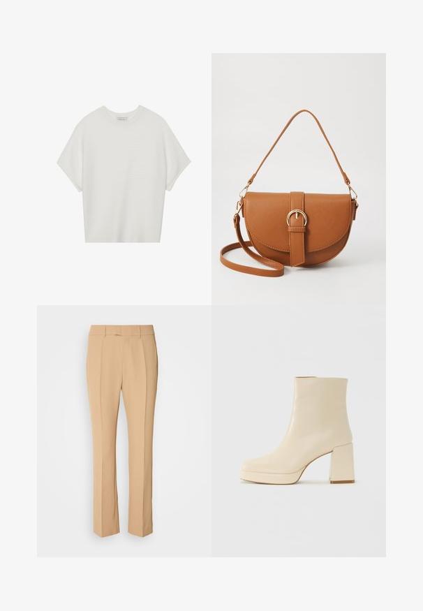 White short-sleeve t-shirt with a wide crew neck and textured ribbed pattern, made of soft fabric, featuring a relaxed fit and a clean design.; Beige tailored trousers with a straight leg, featuring two front pleats, a flat front design, and a smooth, lightweight fabric.; Beige leather ankle boot with block heel and platform sole, smooth finish, and slightly squared toe facing left on white background.; Brown leather crossbody bag with a curved shape, gold hardware, and a buckle accent. Features a detachable shoulder strap.