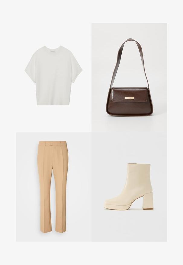 White short-sleeve t-shirt with a wide crew neck and textured ribbed pattern, made of soft fabric, featuring a relaxed fit and a clean design.; Beige tailored trousers with a straight leg, featuring two front pleats, a flat front design, and a smooth, lightweight fabric.; Beige leather ankle boot with block heel and platform sole, smooth finish, and slightly squared toe facing left on white background.; Brown leather shoulder bag with a structured shape, featuring a magnetic flap closure and a metallic logo accent on the front.