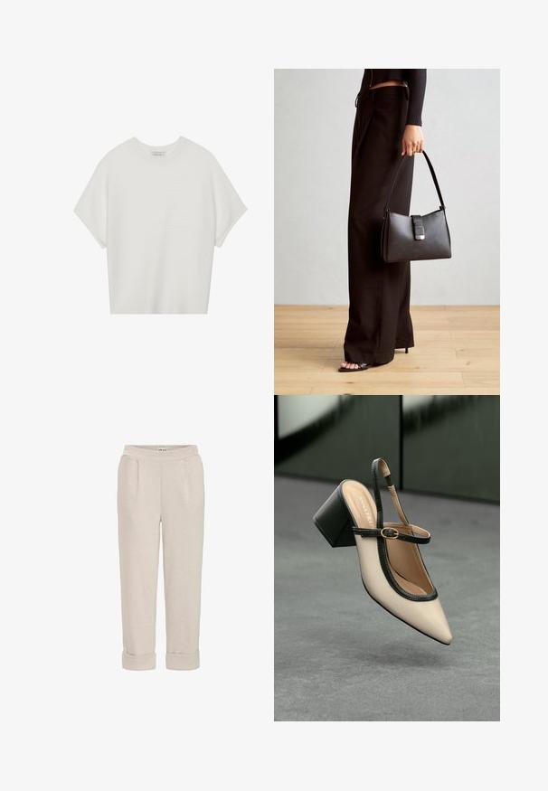 Camiseta blanca de manga corta con cuello redondo amplio y patrón acanalado texturizado, hecha de una tela suave, con un corte relajado y un diseño limpio.; Pantalones beige claros hechos de una tela suave, con un corte relajado, puños enrollados y bolsillos laterales con una textura suave.; Zapato slingback de punta beige con ribete negro, hebilla dorada y un tacón cuadrado grueso sobre un suelo gris con fondo verde oscuro.; Bolso negro con forma estructurada, textura suave y un cierre metálico. Combinado con pantalones anchos negros y sandalias de dedo en un suelo de madera.