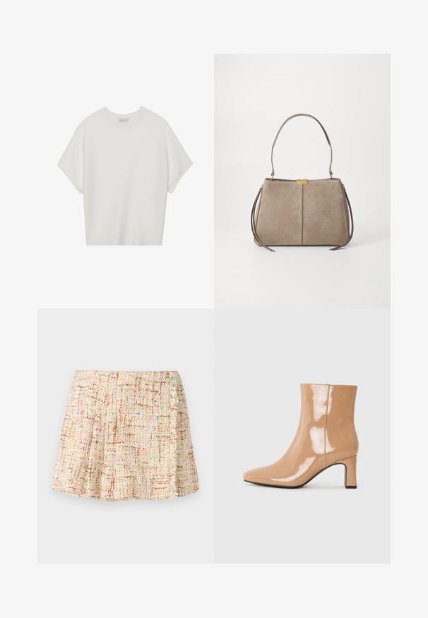 Hvit t-skjorte med korte ermer, bred rund hals og teksturert ribbet mønster, laget av myk stoff, med en avslappet passform og et enkelt design.; Kort, plisséd skjørt laget av teksturert stoff i nøytrale toner med subtile fargestriper. Har en frynset kant langs siden.; Nude patent ankelstøvler med spiss tå, en skinnende finish og en middels høy blokkhel. Glatt tekstur og strømlinjeformet silhuett.; Tommy Hilfiger CASUAL SHOULDER BAG - Håndveske - coastal taupe