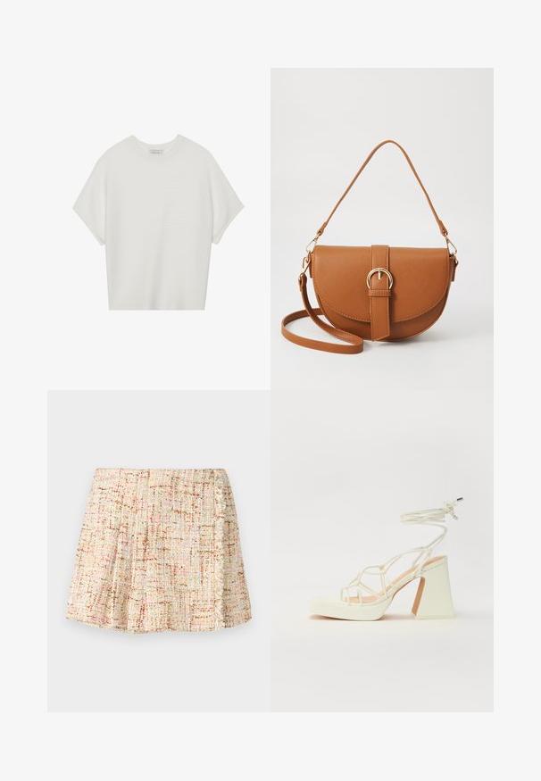 T-shirt blanc à manches courtes avec un large col rond et un motif côtelé texturé, fabriqué en tissu doux, présentant une coupe décontractée et un design épuré.; Jupe courte plissée en tissu texturé dans des tons neutres avec de subtiles touches de couleur. Dotée d'une bordure à franges sur le côté.; Sandale blanche à talons hauts avec un talon épais, présentant un design à lanières et un lien autour de la cheville. Texture lisse avec une plateforme à l'avant pour une hauteur supplémentaire.; Sac bandoulière en cuir marron avec une forme incurvée, quincaillerie dorée et un accent en boucle. Comprend une bandoulière détachable.
