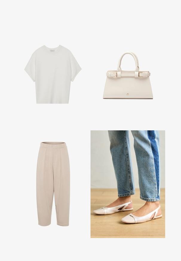 Valge lühikeste varrukatega T-särk laia ümaraha kaelusega ja tekstureeritud ribapatterniga, pehmest kangast, lõdva istuvuse ja puhta disainiga.; Bežid, keskmise pikkusega püksid, mis on valmistatud pehmest kangast. Omavad laia vöökohta, esikurte ja kitsenevaid jalgu, mida kaunistavad mansetid.; Kahvatu roosa slingback lapikute jalatsite paar, millel on terav varvas, valmistatud siledast nahataolisest materjalist. Omab külgedel lõikekohti ja lapikut kontsa.; Struktureeritud käekott koorevärvi kunstnahast kuldse riistvaraga. Omab kaht pealist käepidet ja sõlmekaunistust ees.