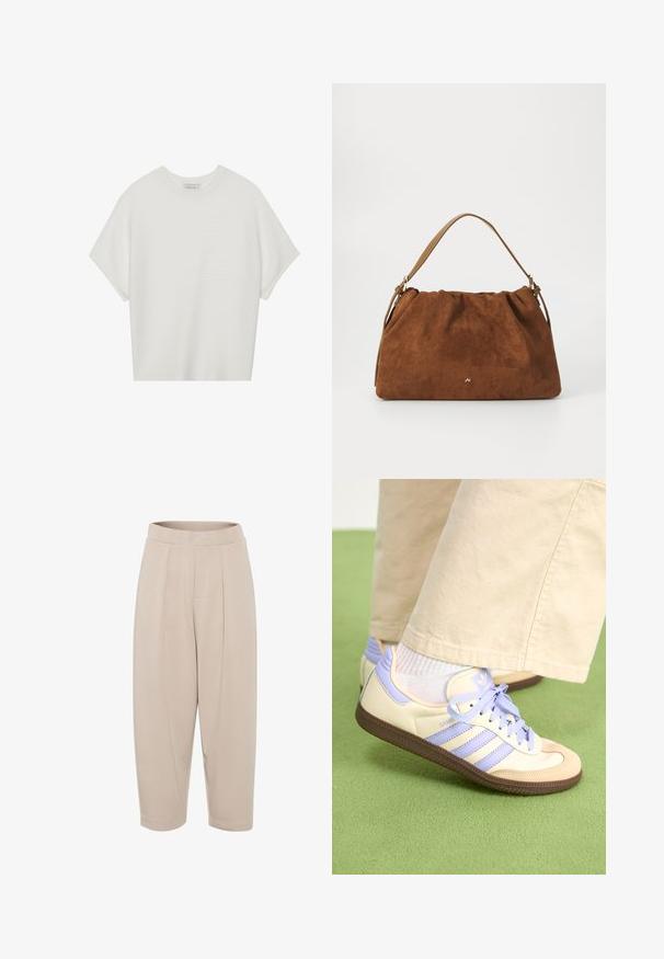 Witte T-shirt met korte mouwen, een brede ronde hals en een gestructureerd ribpatroon, gemaakt van zachte stof. Het shirt heeft een ontspannen pasvorm en een strakke uitstraling.; Beige, middelhoge broeken van zachte stof. Heeft een brede tailleband, voorplooiing en taps toelopende pijpen met omslag.; Crème- en lavendel-sneakers met drie strepen en een gestructureerde bruine zool, voorzien van veters en een gewatteerde hiel. Zachte stoffen bovenkant.; Bruine suède handtas met een geplooid ontwerp, voorzien van een enkele tan kleur leren schouderband en een subtiele gouden logo-detail aan de voorkant.