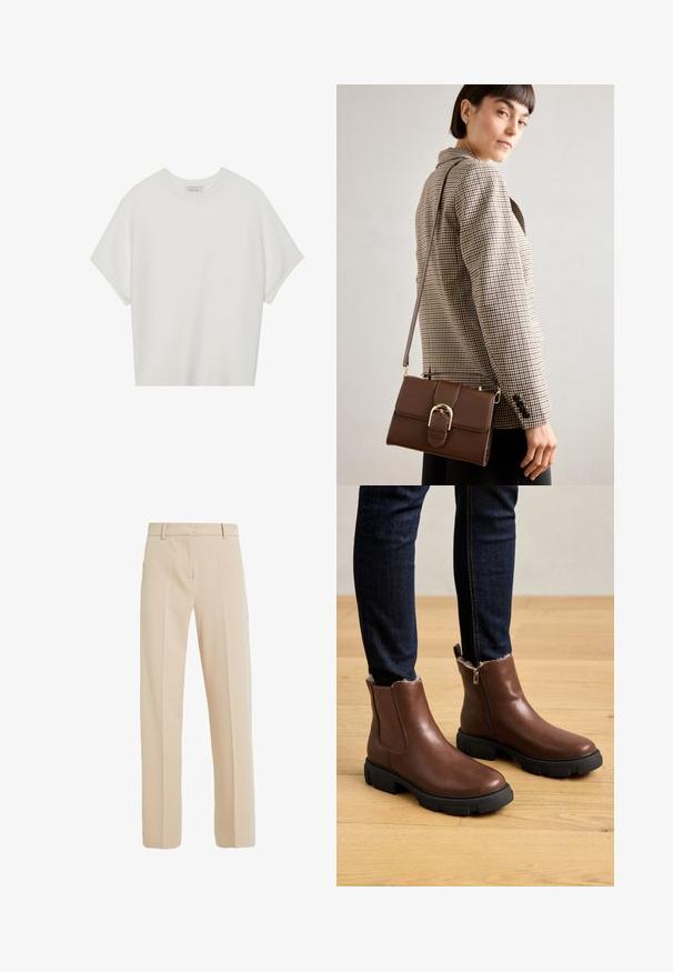 Vit kortärmad t-shirt med bred rund halsringning och texturerad ribbad mönster, tillverkad av mjukt material, med avslappnad passform och en ren design.; Beiga skräddarsydda byxor i mjukt tyg, med rak benform, sidofickor och veckdetaljer fram.; Bruna läderankleboots med dragkedja, texturerad yta, tjock svart gummisula och mjuk pälsfoder vid ankeln.; Brun läder crossbody-väska med ett spänne i guld, rektangulär form, slät textur och ett avtagbart rem.
