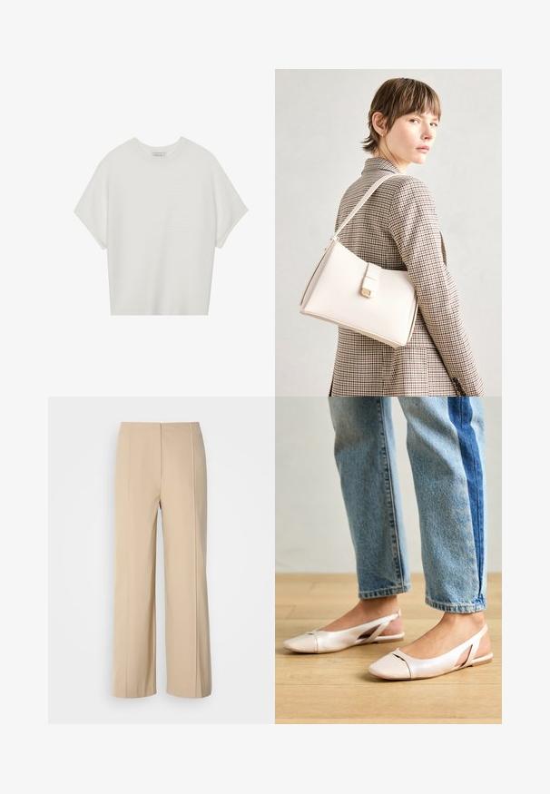 Valge lühikeste varrukatega T-särk laia ümaraha kaelusega ja tekstureeritud ribapatterniga, pehmest kangast, lõdva istuvuse ja puhta disainiga.; Beige laiad püksid, mis on valmistatud struktureeritud kangast, minimalistliku disainiga, millel on pressitud voldid ja lame vöökoht.; Kahvatu roosa slingback lapikute jalatsite paar, millel on terav varvas, valmistatud siledast nahataolisest materjalist. Omab külgedel lõikekohti ja lapikut kontsa.; Valge nahast käekott struktureeritud disainiga, millel on magnetlukk ja õlavarre rihm, esitletud neutraalse tausta ees.
