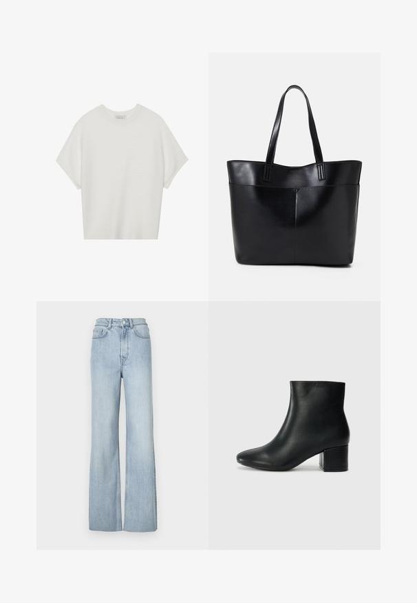 Bijela majica kratkih rukava s širokim okruglim izrezom i teksturiranim rebrastim uzorkom, izrađena od mekog materijala, s opuštenim krojem i čistim dizajnom.; Svijetloplave traperice s ispravnim nogavicama i visokim strukom, koje sadrže prednje džepove i suptilne detalje šivanja duž nogu.; Crne kožne čizme do članaka s uskim vrhom i debelim potplatom. Glatka tekstura s minimalnim detaljima i elegantan, prilagođen dizajn.; Crna kožna torba s dugim ručkama, glatkom teksturom i strukturiranim oblikom. Ima prednju džep za dodatno pohranu.