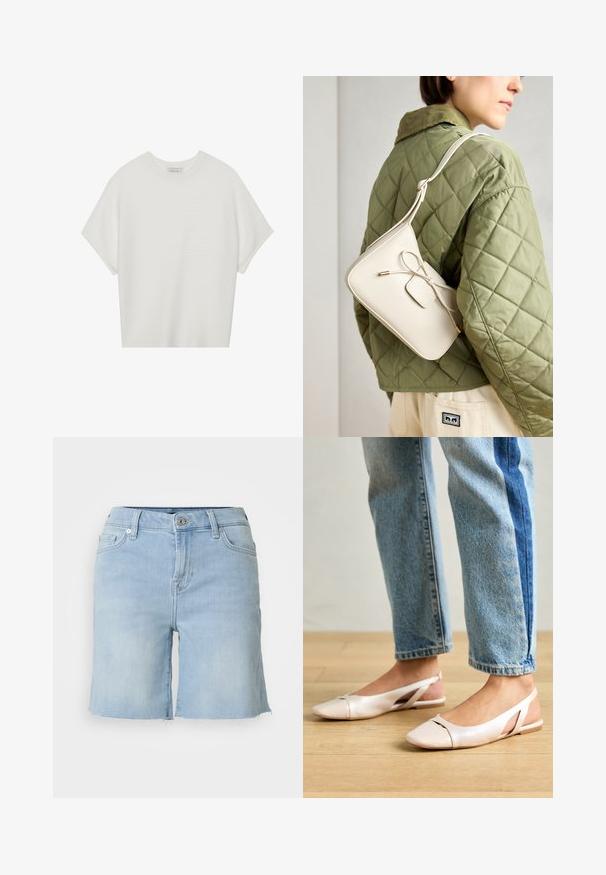 Balta īsā piedurknē T-krekls ar plašu apļa kaklu un teksturētu ribu rakstu, izgatavots no mīksta auduma, ar brīvu piegriezumu un tīru dizainu.; Gaiši zilas denim šorti ar taisnu kāju dizainu, pogu aizdari un šķīru apakšmalu. Piekļautas priekšējās kabatas un klasiskā griezuma.; Bālti rozā siksniņu dzīvokļi ar smailu purngalu, izgatavoti no gludas ādas līdzīgās materiāla. Iezīmē izgriezumu detaļas sānos un platu papēdi.; Bēša ādas crossbody soma ar loku detaļu, zelta aparatūru un vienu regulējamu siksnu, vilkta pāri zaļai quilted jakai.