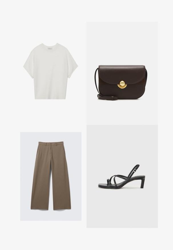 T-shirt blanc à manches courtes avec un large col rond et un motif côtelé texturé, fabriqué en tissu doux, présentant une coupe décontractée et un design épuré.; Pantalons larges à rayures brunes avec une texture lisse et un design classique, dotés d'une taille et de plis avant pour un ajustement sur mesure.; Sandale noire à lanières avec un bout carré et un petit talon bloc. Elle présente plusieurs fines lanières et une sangle de cheville ajustable. Fabriquée en cuir lisse.; Furla SFERA ROUND - Sac bandoulière - cioccolato
