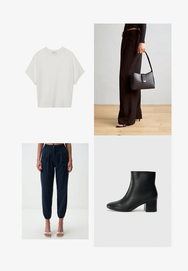 Weißes T-Shirt mit kurzen Ärmeln, weitem Rundhalsausschnitt und strukturiertem Rippenmuster, aus weichem Stoff, mit legerer Passform und einem klaren Design.; Marineblaue, taillierte Hose mit gefaltetem Vorderteil und elastischen Bündchen. Aus einem glatten Material gefertigt, mit einem einzelnen Knopfverschluss und seitlichen Taschen.; Schwarze Leder-Ankle-Boots mit spitzem Zehenbereich und klobigem Absatz. Glatte Textur mit minimalen Akzenten und einem eleganten, taillierten Design.; Schwarze Handtasche mit strukturierter Form, glatter Textur und einem metallischen Verschluss. Kombiniert mit weiten schwarzen Hosen und offenen Sandalen auf einem Holzboden.