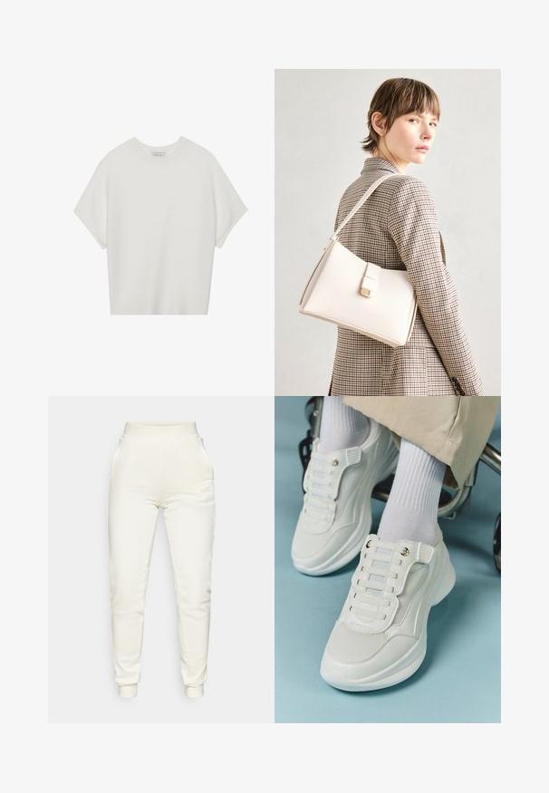Hvit t-skjorte med korte ermer, bred rund hals og teksturert ribbet mønster, laget av myk stoff, med en avslappet passform og et enkelt design.; Guess STACIE JOGGER - Joggebukse - dove white; Hvite sneakers med mesh-materiale, gummisåle, snøret design uten laces og elastiske bånd, samt gulltone detaljer.; Hvit lær veske med en strukturert design, med magnetlås og skulderstropp, vist mot en nøytral bakgrunn.