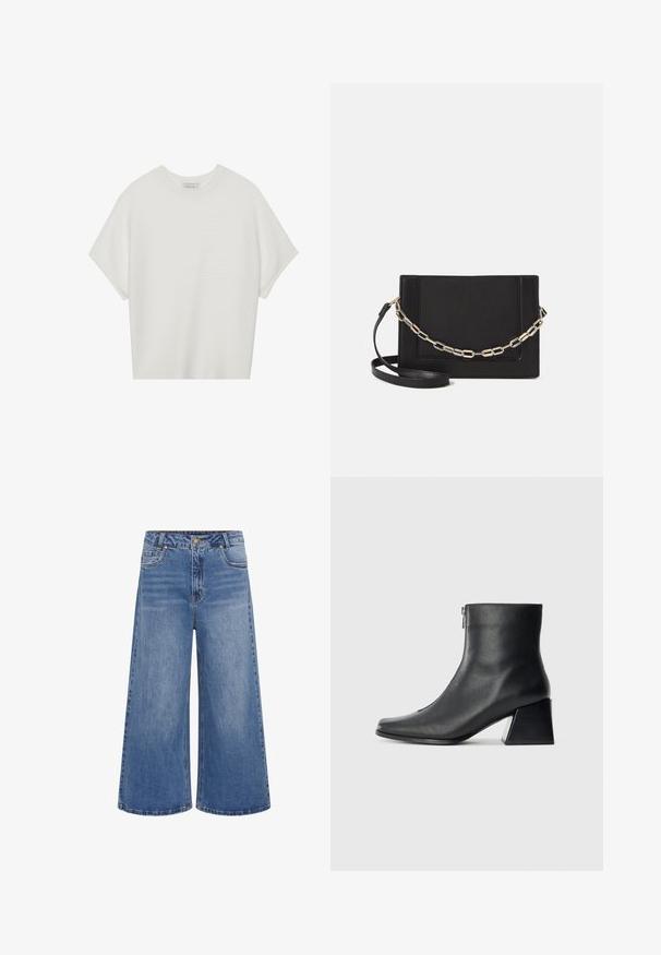 Bijela majica kratkih rukava s širokim okruglim izrezom i teksturiranim rebrastim uzorkom, izrađena od mekog materijala, s opuštenim krojem i čistim dizajnom.; Široke plave traperice s visokim strukom, s kopčanjem na gumb, pet džepova i suptilnim izblijedjenjem. Šivani rub s klasičnim dizajnom.; Crne kožne gležnjače sa četvrtastim vrhom, bočnim patentnim zatvaračem i blok petom na jednostavnoj svijetloj pozadini.; Crna kožna torba preko tijela s glatkom teksturom, pravokutnim oblikom i metalnim lancem na prednjoj strani. Uključena je podesiva naramenica.