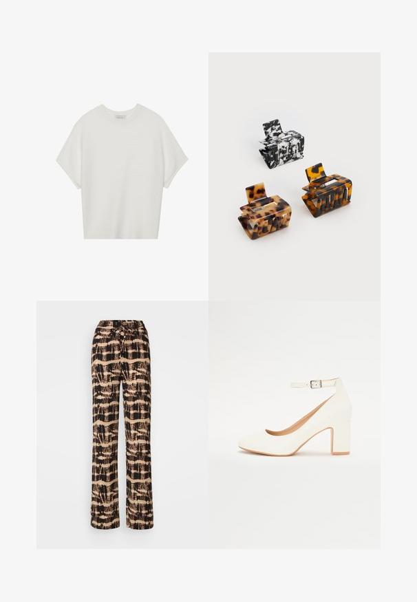 Biela tričko s krátkym rukávom a širokým okrúhlym výstrihom, s textúrovaným rebrovaným vzorom, vyrobené z mäkkej látky, s uvoľneným strihom a čistým dizajnom.; Voľné nohavice z ľahkej tkaniny s čierno-bežovým abstraktným vzorom. Nastaviteľný pás na šnúrku, uvoľnený strih.; Biele lodičky na vysokom podpätku s špicatou špičkou, blokovým podpätkom a remienkom okolo členka. Hladký povrch s jemným leskom a béžovým vnútorným podšíváním.; Tričko na vlasy: jedno čierno-biele mramorované, dve korytnačie v hnedej a čiernej farbe, všetky vyrobené z lesklého plastu s textúrovaným povrchom.