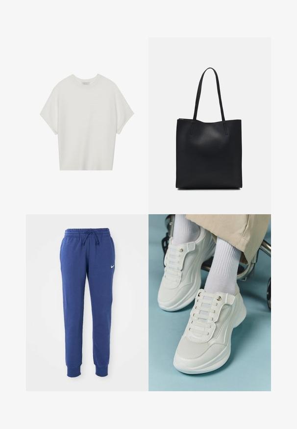 Bela majica s kratkimi rokavi in širokim ovratnikom ter teksturiranim rebrastim vzorcem, izdelana iz mehke tkanine, z udobnim krojem in čistim dizajnom.; Modre Nike trenirke z elastičnim pasom, vrvico, manšetami na gležnjih in belim Nike swoosh logotipom na levem stegnu.; Bele teniske z mrežastim materialom, gumene podplate, brez vezalk, z elastikami in zlatimi akcenti.; Črna usnjena torba s svilnato teksturo, pravokotne oblike in dvema dolgima ročajema. Brez vidnih metalnih delov ali okrasnih elementov.