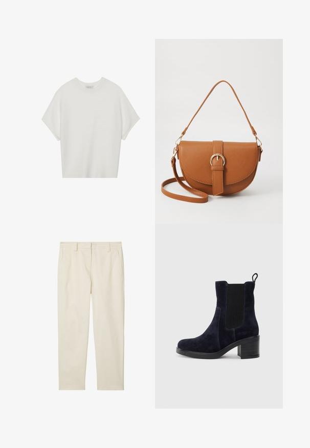Camiseta branca de mangas curtas com um decote careca largo e um padrão texturizado canelado, feita de tecido suave, com um corte relaxado e um design limpo.; Marc O'Polo MODERN STYLE TAPERED LEG HIGH RISE WELT POCKET - Chinos - chalky sand; Bota de tornozelo em camurça azul-marinho com painel elástico lateral, bico redondo e salto bloco. O tecido texturizado e a sola lisa criam um contraste.; Bolsa transversal de couro castanho com um formato curvado, ferragens douradas e um detalhe de fivela. Inclui uma alça de ombro destacável.