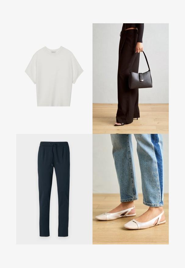 Camiseta branca de mangas curtas com um decote careca largo e um padrão texturizado canelado, feita de tecido suave, com um corte relaxado e um design limpo.; Joggers de algodão azul-escuro com cintura ajustável, pernas ajustadas e pregas na frente. Textura suave e design minimalista.; Sapatilhas slingback de cor rosa pálido com bico fino, feitas de um material semelhante a couro liso. Apresentam detalhes recortados nas laterais e um salto plano.; Bolsa preta com forma estruturada, textura suave e um fecho metálico. Combinada com calças largas pretas e sandálias de salto aberto sobre um chão de madeira.