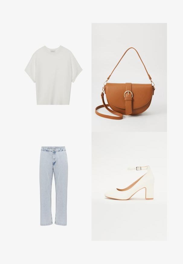 Valge lühikeste varrukatega T-särk laia ümaraha kaelusega ja tekstureeritud ribapatterniga, pehmest kangast, lõdva istuvuse ja puhta disainiga.; Heledad sinine teksapaar, sirge jala disainiga, traditsioonilise nupuga ja tõmblukuga, kerge kulumise tekstuuriga.; Valge kõrge kontsaga king, millel on terav nina, plokk-konts ja pahkluu rihm. Sile viimistlus kerge läikega ja beež sisekate.; Pruun nahast õlakott, millel on kumer kuju, kullavärvi riistvara ja pandlaga kaunistus. Omab eemaldatavat õlarihma.