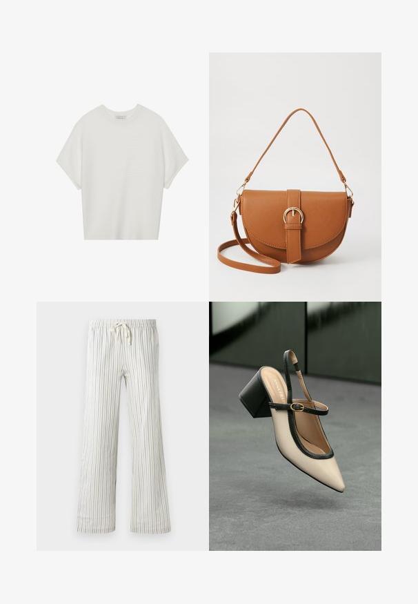 Camiseta branca de mangas curtas com um decote careca largo e um padrão texturizado canelado, feita de tecido suave, com um corte relaxado e um design limpo.; Calças brancas com cordão de ajuste, apresentando finas riscas verticais azuis e um cós elástico, mostradas de frente sobre um fundo plain.; Sandal de biqueira pontuda em bege com acabamento preto, fivela dourada e um salto bloco sólido, em um chão cinza com fundo verde escuro.; Bolsa transversal de couro castanho com um formato curvado, ferragens douradas e um detalhe de fivela. Inclui uma alça de ombro destacável.