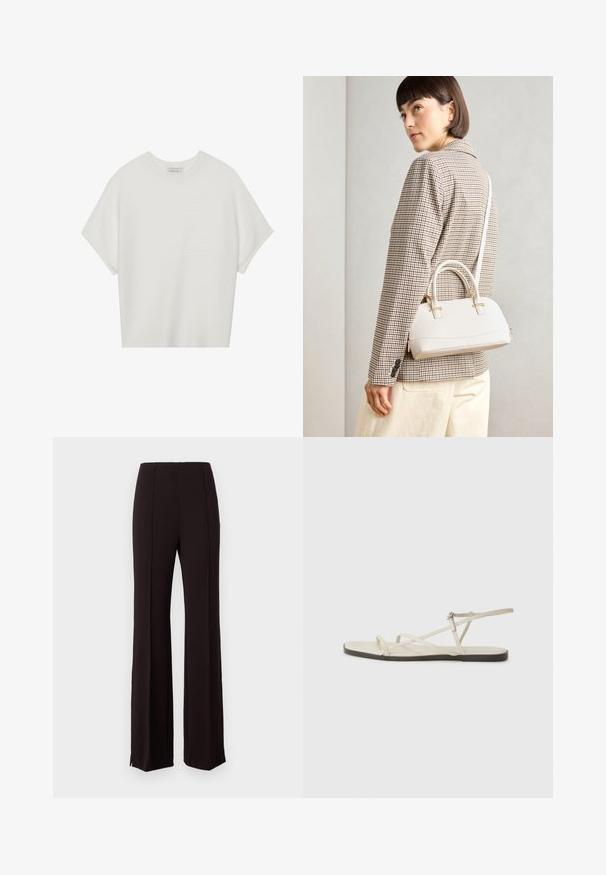 T-shirt blanc à manches courtes avec un large col rond et un motif côtelé texturé, fabriqué en tissu doux, présentant une coupe décontractée et un design épuré.; Pantalon noir taille haute avec un design à jambes évasées, présentant des coutures verticales et des fentes à l'ourlet pour plus de détails. Le tissu semble lisse.; Sandale plate beige avec plusieurs fines lanières et une boucle réglable. La semelle est plate avec un léger contraste sombre sur le bord.; Sac à main structuré blanc avec de courtes poignées et une bandoulière, doté de accents en métal doré et d'un matériau texturé, présenté sur un fond gris.