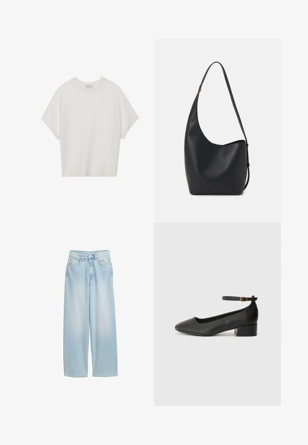 Camiseta blanca de manga corta con cuello redondo amplio y patrón acanalado texturizado, hecha de una tela suave, con un corte relajado y un diseño limpio.; Vaqueros de pierna ancha en azul claro, fabricados en denim, con cintura alta, bolsillos frontales, cierre de botón y detallado de costura clásica.; Zapato de tacón negro de cuero con punta afilada y tacón bajo cuadrado. Presenta una correa para el tobillo con una hebilla en tono dorado. Textura suave.; Bolso tipo hobo de cuero negro con una textura suave, forma curvada y una sola correa ajustable; presenta una amplia apertura en la parte superior.