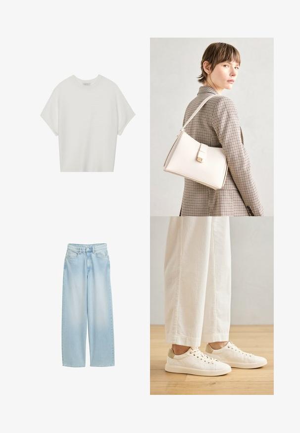 Camiseta blanca de manga corta con cuello redondo amplio y patrón acanalado texturizado, hecha de una tela suave, con un corte relajado y un diseño limpio.; Vaqueros de pierna ancha en azul claro, fabricados en denim, con cintura alta, bolsillos frontales, cierre de botón y detallado de costura clásica.; Zapatillas de color crema con parte superior de tela texturizada, tacón beige en contraste y suela de goma plana. Diseño con cordones y seis ojetes.; Bolso de mano de cuero blanco con un diseño estructurado, que presenta un cierre magnético y una correa para el hombro, exhibido sobre un fondo neutro.