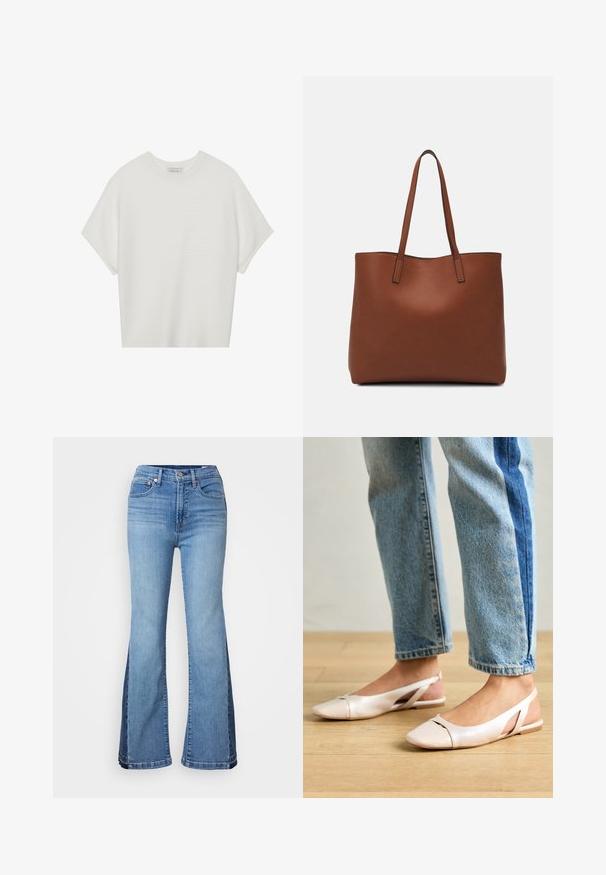 Bijela majica kratkih rukava s širokim okruglim izrezom i teksturiranim rebrastim uzorkom, izrađena od mekog materijala, s opuštenim krojem i čistim dizajnom.; Svijetloplave široke traperice. Imaju visoki struk, suptilno istrošenje i tamnoplave bočne panele. Sadrže pet džepova i kopčanje na dugme.; Svijetlo ružičaste slingback balerinke s šiljastim vrhom, izrađene od glatkog materijala nalik koži. Sadrže izrezane detalje sa strane i ravnu petu.; Smeđa kožna torba preko ramena s glatkom teksturom, otvorenim vrhom i dvjema naramenicama. Ima minimalne šavove i nema vidljivog hardvera.