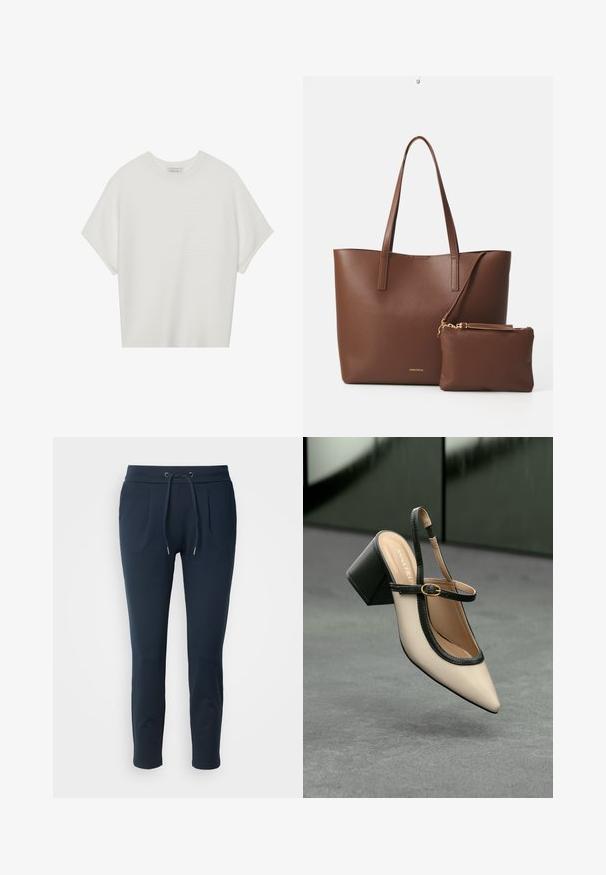 Bijela majica kratkih rukava s širokim okruglim izrezom i teksturiranim rebrastim uzorkom, izrađena od mekog materijala, s opuštenim krojem i čistim dizajnom.; Potpuno plave trenirka hlače od mekanog materijala, s elastičnim pojasom i užetom za vezanje, dva bočna džepa i uskim krojem.; Bež cipele s otvorenom petom i šiljastim vrhom, crnim obrubom, zlatnom kopčom i debelim blok-petom na sivom podu s tamnozelenom pozadinom.; Smeđa torba od umjetne kože s dva duga ručka i odgovarajućom malom torbicom. Površina ima teksturirani uzorak i zlatne metalne detalje.