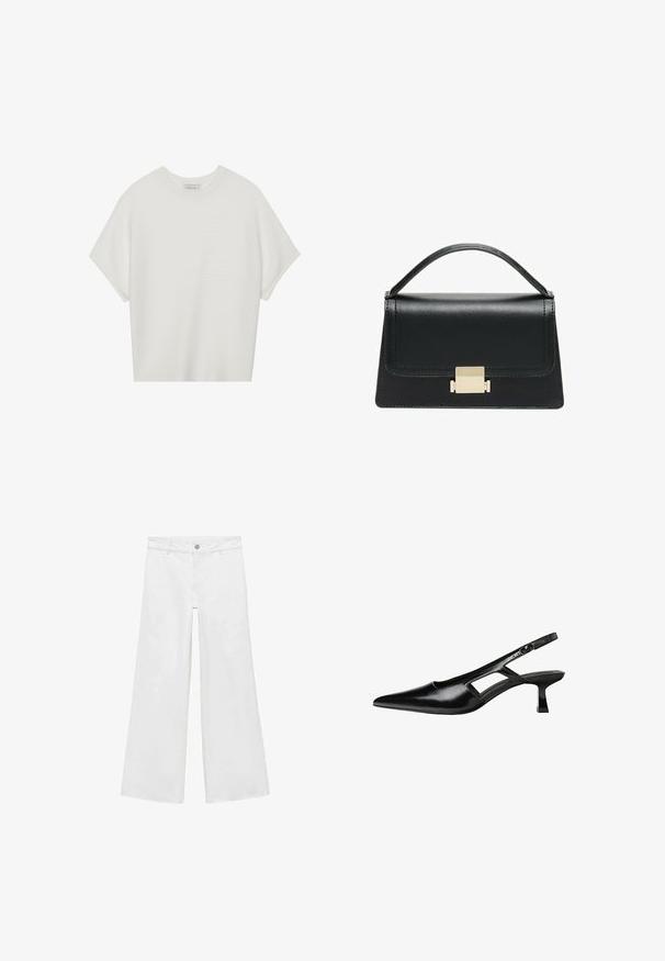 Valkoinen lyhythihainen t-paita, jossa on leveä pyöreä kaula-aukko ja teksturoitu ribbikuvio, valmistettu pehmeästä kankaasta, rento malli ja siisti muotoilu.; Valkoiset, leveälahkeiset farkut nappisuljennalla ja viidellä taskulla, valmistettu sileästä denimmateriaalista, jossa on klassinen muotoilu.; Mustat lakatut nahkakengät, joissa on viistopää, leikattu sivusuunnassa ja pieni neliökoroke. Sujuva pinta, jossa on minimaalinen koristelu.; Musta nahkakäsilaukku, jossa on jämäkkä muotoilu, yläkahva ja kultainen metallisolki edessä. Sujuva pinta, minimaalinen ompelu.