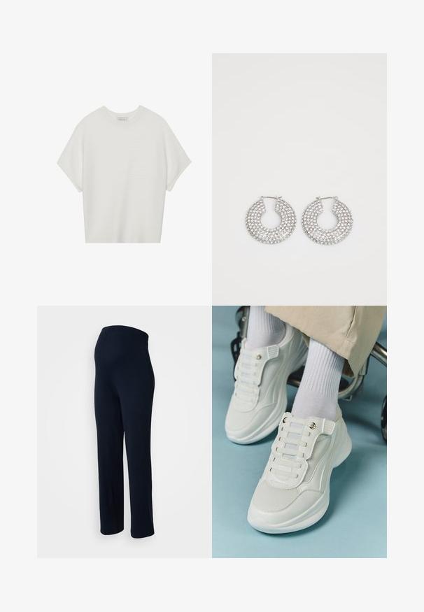 Hvid kortærmet t-shirt med en bred rund hals og struktureret ribbet mønster, lavet af blødt stof, med en afslappet pasform og et enkelt design.; Marineblå strækbukser med en glat tekstur, elastisk talje og lige ben-design, uden synligt hardware eller mønstre.; Hvide sneakers med mesh-materiale, gummisål, snørebåndsfri design med elastiske bånd og guldtonede accenter.; Sølvøreringe med flere klare krystaludsmykninger, med en struktureret overflade og et åbent rundt design.