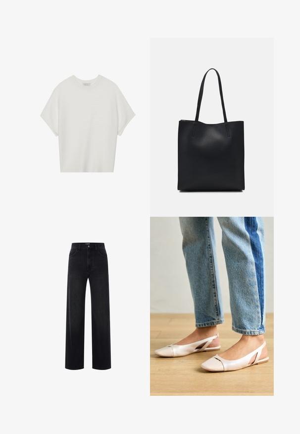 Fehér, rövid ujjú póló széles kerek nyakkivágással és textúrázott, bordás mintával, puha anyagból készült, laza fazonú és letisztult dizájnú.; Fekete, magas derékú, egyenes szárú farmernadrág elülső gombos és cipzáras záródással, övhurkokkal és elülső zsebekkel.; Világos rózsaszín slingback laposlábú cipők, hegyes orral, sima bőrhatású anyagból készült. Oldalt kivágott részletek találhatók rajta, valamint lapos sarkú.; Fekete bőrtáska sima felszínnel, téglalap alakú, két hosszú füllel. Nincs látható fémkiegészítő vagy díszítés.