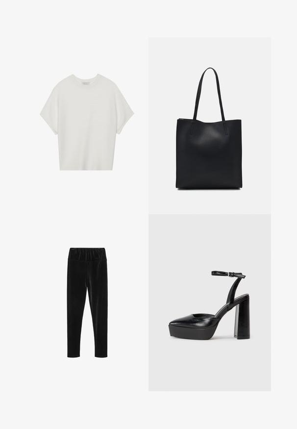 Bijela majica kratkih rukava s širokim okruglim izrezom i teksturiranim rebrastim uzorkom, izrađena od mekog materijala, s opuštenim krojem i čistim dizajnom.; Crne velur tajice s elastičnim pojasom i glatkom, sjajnom teksturom. Uski kroj s suženim nogavicama.; Crne platforme s potpeticom s oštrim vrhom i podešivom naramenicom. Izrađene od glatke kože, s masivnom blok petom.; Crna kožna torba za nošenje s glatkom teksturom, pravokutnim oblikom i dvije duge ručke. Nema vidljivih metalnih dijelova ili ukrasa.