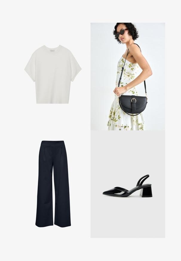 White short-sleeve t-shirt with a wide crew neck and textured ribbed pattern, made of soft fabric, featuring a relaxed fit and a clean design.; Wide-leg trousers made of stretchy navy fabric, featuring a smooth waistband and two front pockets, with a relaxed fit and full-length design.; Black patent leather slingback heels with a pointed toe and a geometric block heel. Features a sleek, minimal design and smooth texture.; Black leather handbag with a curved shape, detachable strap, and gold hardware. The bag features a flap with a buckle detail.