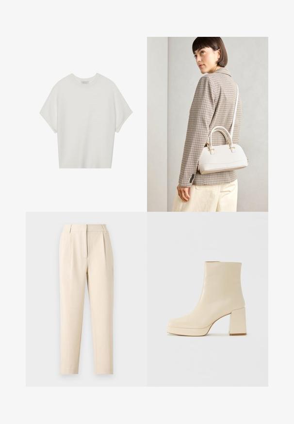 Camiseta branca de mangas curtas com um decote careca largo e um padrão texturizado canelado, feita de tecido suave, com um corte relaxado e um design limpo.; Calças bejes sob medida com corte reto, apresentando pregas na frente e um acabamento suave. O tecido parece leve e texturizado.; Bota ankle de couro bege com salto bloco e sola plataforma, acabamento suave e bico ligeiramente quadrado, virada para a esquerda em fundo branco.; Bolsa estruturada branca com alças curtas e uma alça de ombro, com detalhes em hardware dourado e material texturizado, exibida contra um fundo cinza.