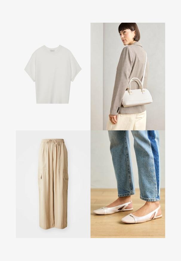 Hvid kortærmet t-shirt med en bred rund hals og struktureret ribbet mønster, lavet af blødt stof, med en afslappet pasform og et enkelt design.; Beige cargo bukser med brede ben, lavet af et let materiale. Har et elastisk taljebånd, snoretræk og sidelommer med klapper.; Lyserøde slingback flade sko med spidse tær, lavet af et glat læderlignende materiale. Har udskæringsdetaljer på siderne og en flad hæl.; Hvid struktureret taske med korte håndtag og en skulderrem, prydet med guldfarvede hardwaredetaljer og tekstureret materiale, præsenteret mod en grå baggrund.