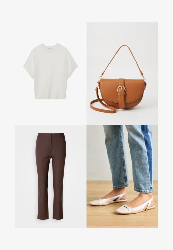 Hvid kortærmet t-shirt med en bred rund hals og struktureret ribbet mønster, lavet af blødt stof, med en afslappet pasform og et enkelt design.; Brune skræddersyede bukser med smal pasform, der har flad front, subtile sidelommer og et glat, let strækbart stof.; Lyserøde slingback flade sko med spidse tær, lavet af et glat læderlignende materiale. Har udskæringsdetaljer på siderne og en flad hæl.; Brun læder crossbody taske med en buet form, guldfarvet hardware og en spændeaccent. Har en aftagelig skulderrem.