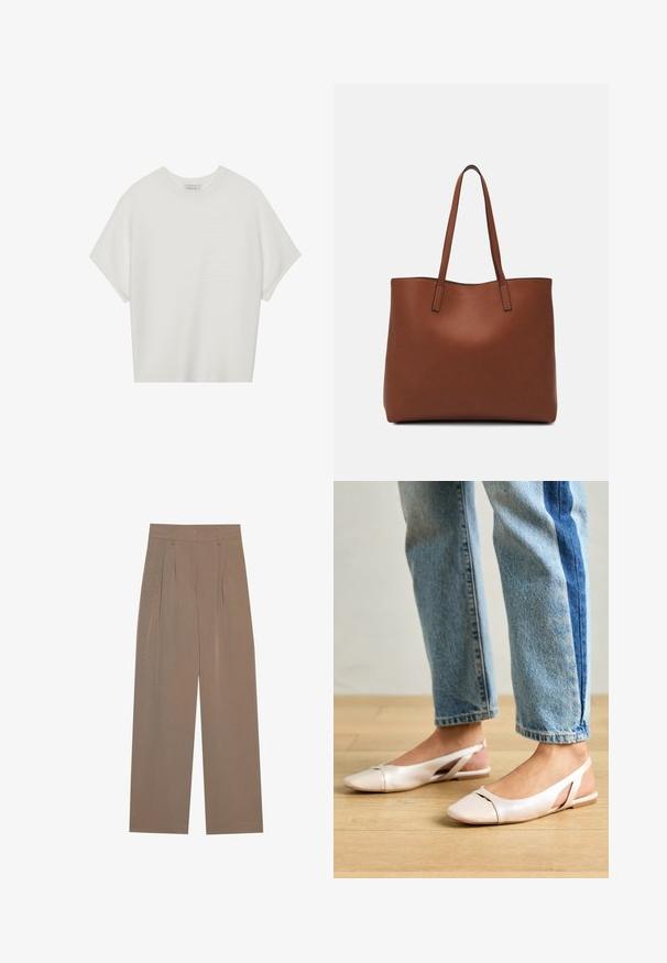 Tricou alb cu mânecă scurtă, cu guler larg și model texturat cu dungi, realizat dintr-un material moale, având o croială lejeră și un design curat.; Pantaloni plisati maro cu un design cu picioare largi, având un brâu plat și buzunare laterale, confecționați dintr-un material ușor.; Sandalete plate de un roz pal cu vârf ascuțit, realizate dintr-un material asemănător pielii, neted. Prezintă detalii decupate pe laterale și un toc plat.; Geantă de umăr din piele maro cu o textură netedă, design cu vârf deschis și două curele pentru umăr. Prezintă cusături minime și fără componente metalice vizibile.