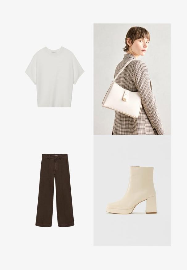 White short-sleeve t-shirt with a wide crew neck and textured ribbed pattern, made of soft fabric, featuring a relaxed fit and a clean design.; Brown wide-leg pants made of cotton fabric. Features a high waist, zipper fly, and subtle front seam detailing. No visible pockets.; Beige leather ankle boot with block heel and platform sole, smooth finish, and slightly squared toe facing left on white background.; White leather handbag with a structured design, featuring a magnetic clasp and a shoulder strap, showcased against a neutral background.