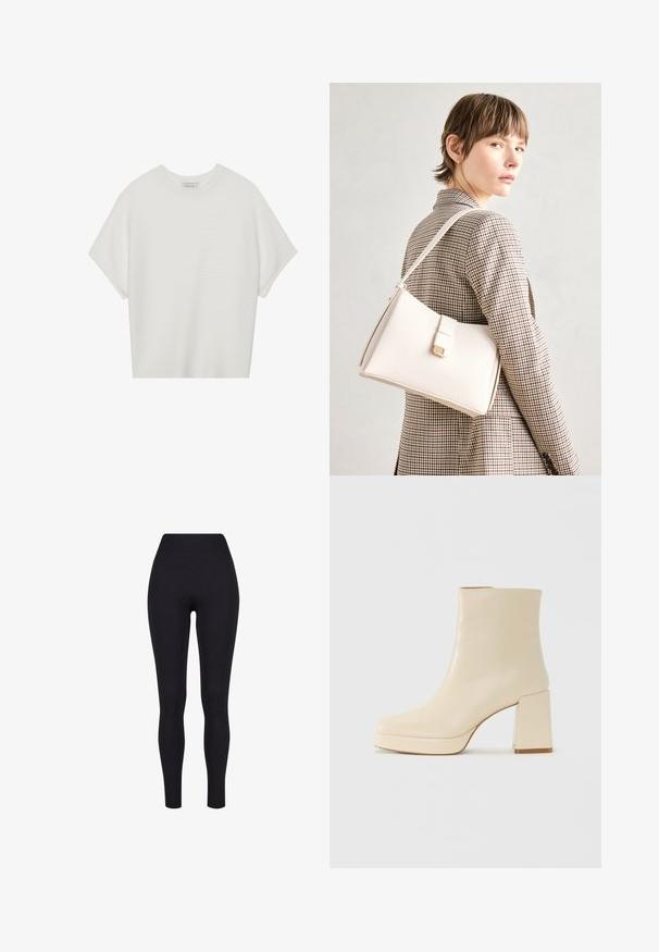 Biela tričko s krátkym rukávom a širokým okrúhlym výstrihom, s textúrovaným rebrovaným vzorom, vyrobené z mäkkej látky, s uvoľneným strihom a čistým dizajnom.; Čierne legíny s vysokým pásom, vyrobené z elastickej látky, s hladkou textúrou a priliehavým dizajnom bez viditeľných švov alebo vzorov.; Béžová kožená členková obuv s blokovým podpätkom a platformou, hladký povrch a mierne štvorcová špička, orientovaná doľava na bielom pozadí.; Biely kožený kabelka so štruktúrovaným dizajnom, s magnetickým uzáverom a ramenným popruhom, vystavená na neutrálnom pozadí.