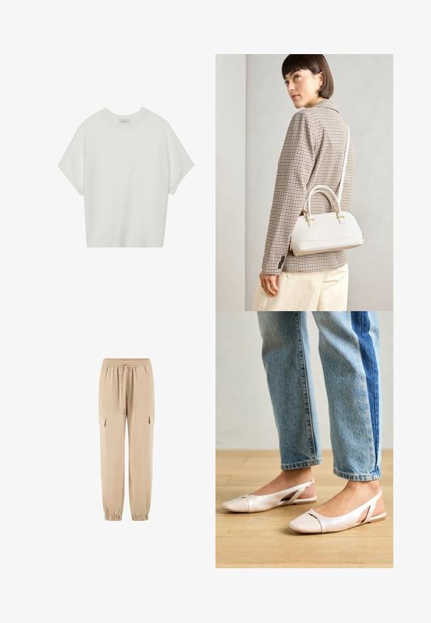 Balta trumpa rankovėmis marškinėliai su plačiu apykakle ir tekstūruotu gumbelių raštu, pagaminti iš minkštos medžiagos, pasižymintys laisvu siluetu ir tvarkingu dizainu.; Šviesiai rudos cargo kelnės, pagamintos iš minkštos medžiagos, su elastinga juosmens juosta, raišteliu ir šoninėmis kišenėmis. Šlaunų siaurėjimo forma su elastinėmis kaklaitėmis.; Šviesiai rožiniai slingback baleto bateliai su smailiu pirštu, pagaminti iš lygios odai panašios medžiagos. Yra išpjovimų detalės šonuose ir plokščias kulnas.; Balta struktūruota rankinė su trumpomis rankenomis ir peties diržu, su auksinėmis detalėmis ir tekstūruota medžiaga, pastatyta prieš pilką foną.